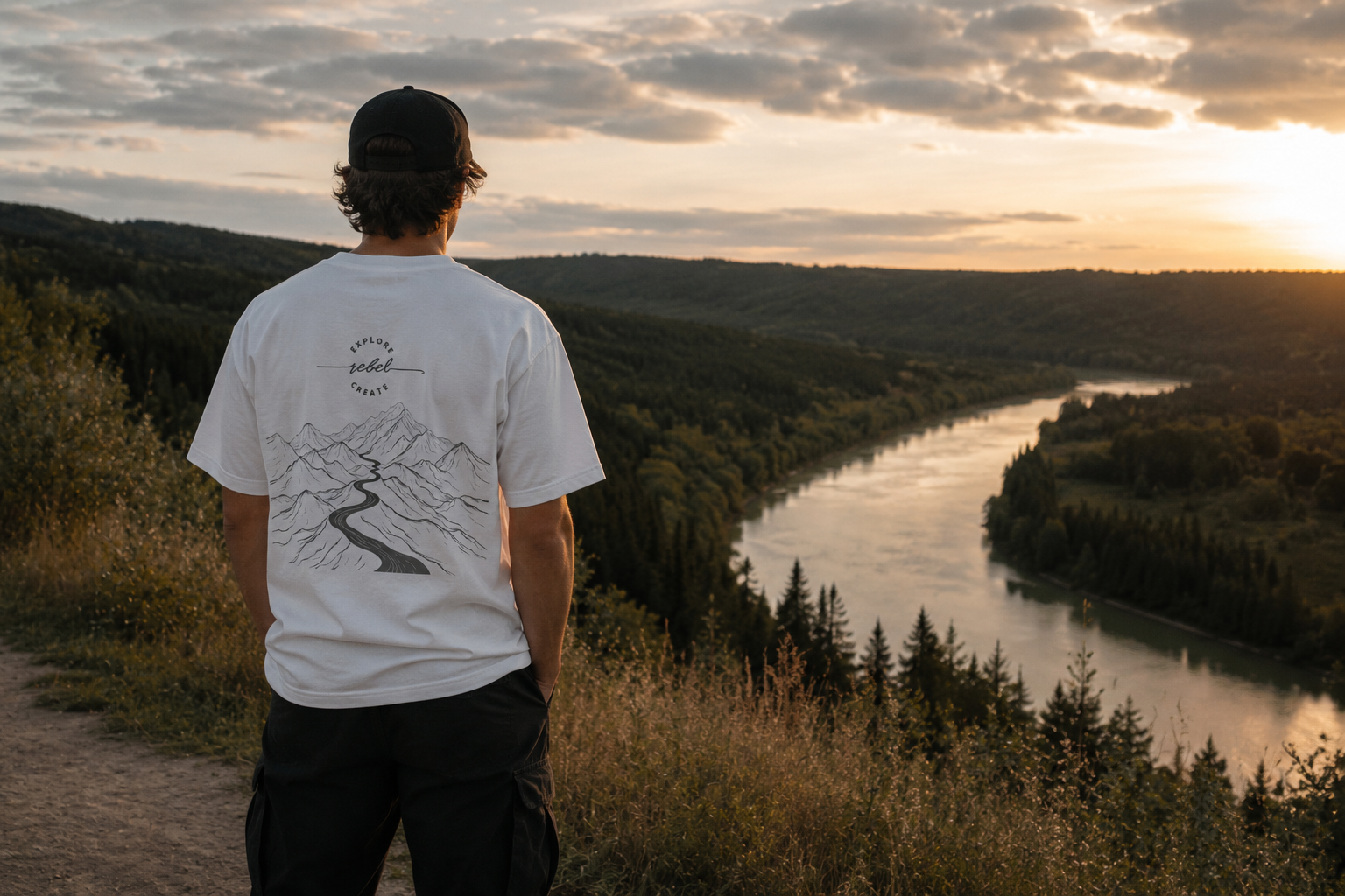 White Explorer 001 tee worn outdoors with the back graphic visible